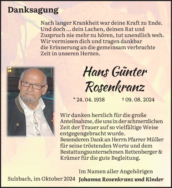 Traueranzeige von Hans Günter Rosenkranz von saarbruecker_zeitung