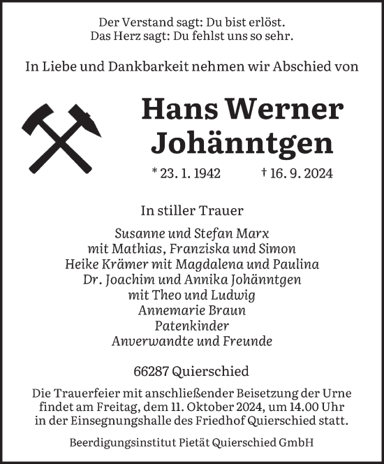 Traueranzeige von Hans Werner Johänntgen von saarbruecker_zeitung