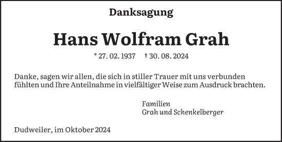 Traueranzeige von Hans Wolfram Grah von saarbruecker_zeitung