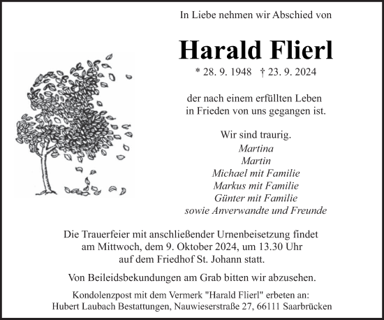 Traueranzeige von Harald Flierl von saarbruecker_zeitung