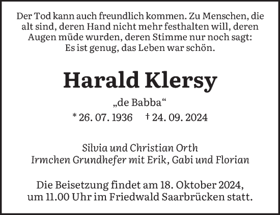 Traueranzeige von Harald Klersy von saarbruecker_zeitung