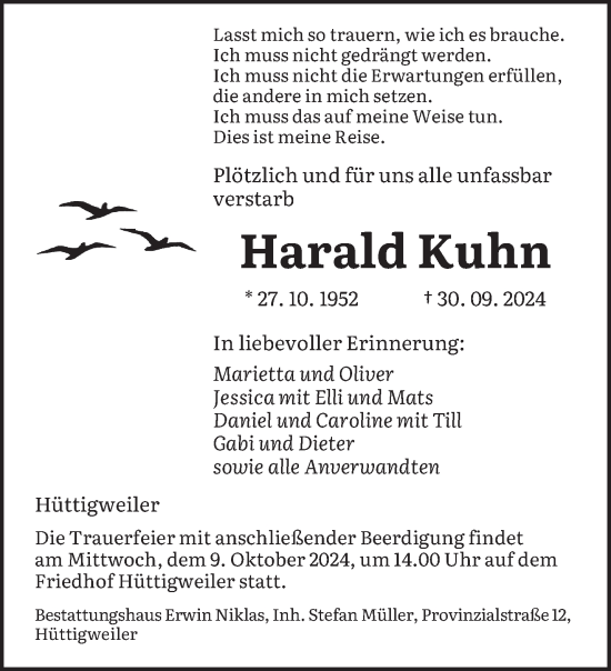 Traueranzeige von Harald Kuhn von saarbruecker_zeitung