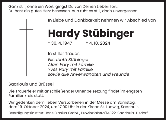 Traueranzeige von Hardy Stübinger von saarbruecker_zeitung