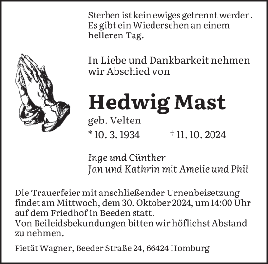 Traueranzeige von Hedwig Mast von saarbruecker_zeitung