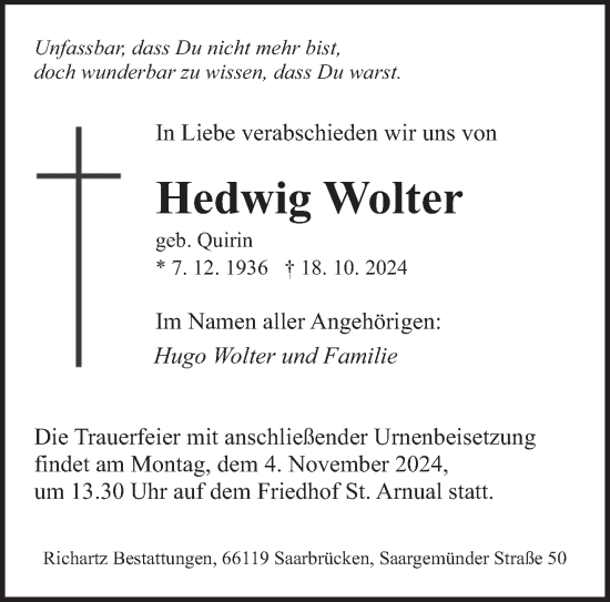 Traueranzeige von Hedwig Wolter von saarbruecker_zeitung