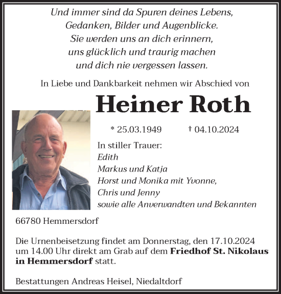 Traueranzeige von Heiner Roth von saarbruecker_zeitung