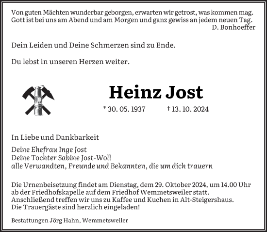 Traueranzeige von Heinz Jost von saarbruecker_zeitung