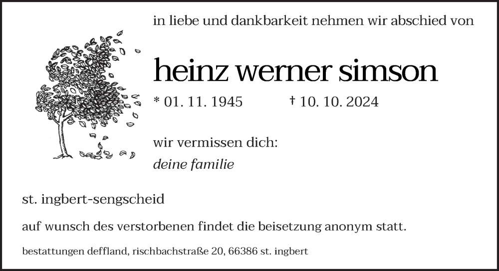  Traueranzeige für Heinz Werner Simson vom 26.10.2024 aus saarbruecker_zeitung