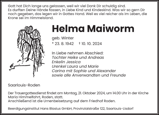 Traueranzeige von Helma Maiworm von saarbruecker_zeitung