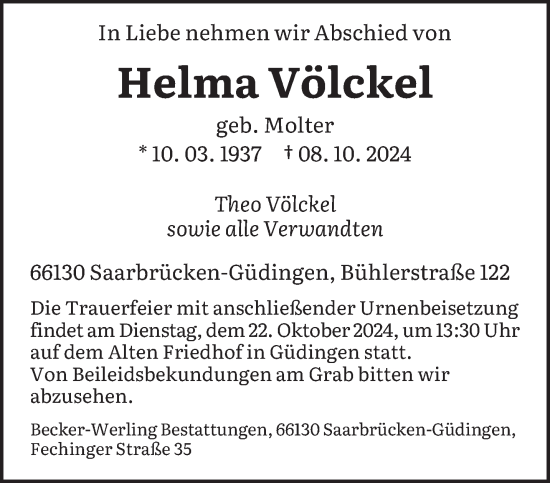 Traueranzeige von Helma Völckel von saarbruecker_zeitung