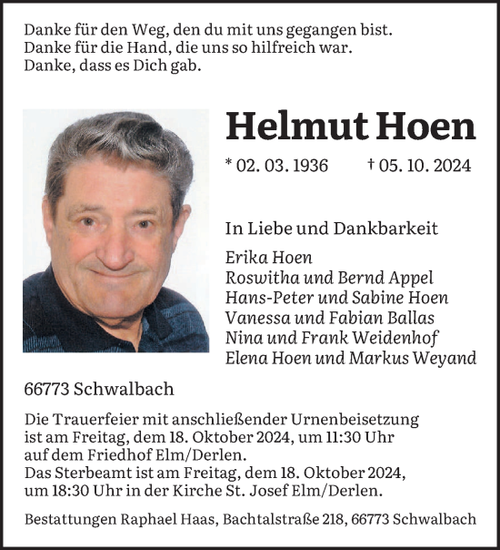 Traueranzeige von Helmut Hoen von saarbruecker_zeitung