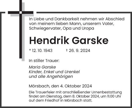 Traueranzeige von Hendrik Garske von saarbruecker_zeitung