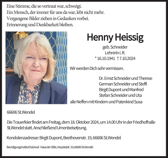 Traueranzeige von Henny Heissig von saarbruecker_zeitung