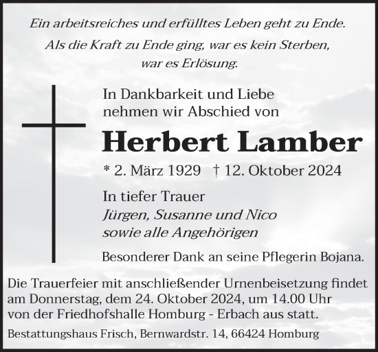 Traueranzeige von Herbert Lamber von saarbruecker_zeitung