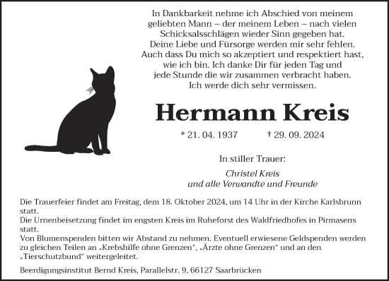 Traueranzeige von Hermann Kreis von saarbruecker_zeitung