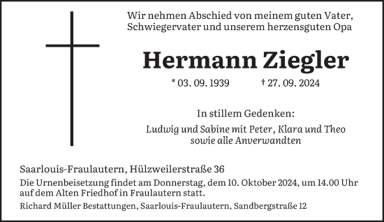 Traueranzeige von Hermann Ziegler von saarbruecker_zeitung