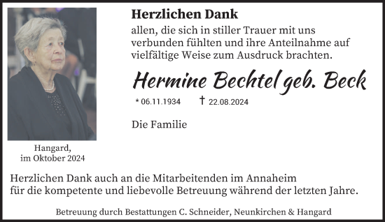 Traueranzeige von Hermine Bechtel von saarbruecker_zeitung