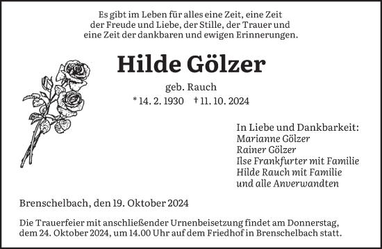 Traueranzeige von Hilde Gölzer von saarbruecker_zeitung