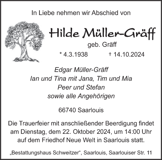 Traueranzeige von Hilde Müller-Gräff von saarbruecker_zeitung