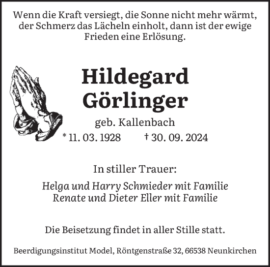 Traueranzeige von Hildegard Görlinger von saarbruecker_zeitung