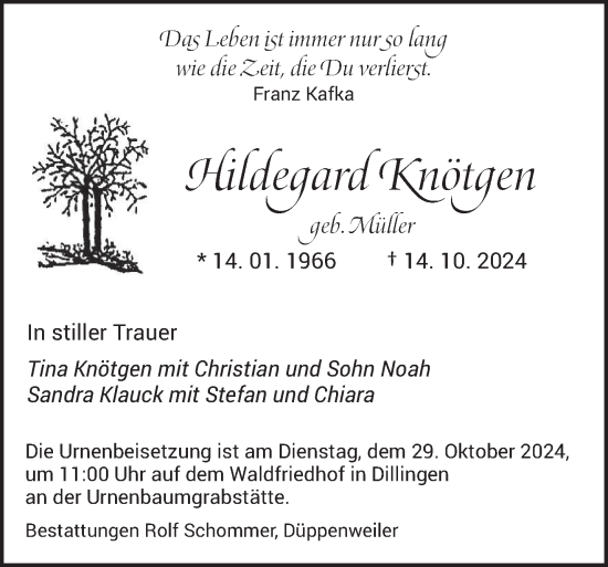 Traueranzeige von Hildegard Knötgen von saarbruecker_zeitung