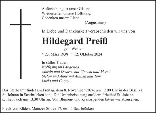 Traueranzeige von Hildegard Preiß von saarbruecker_zeitung