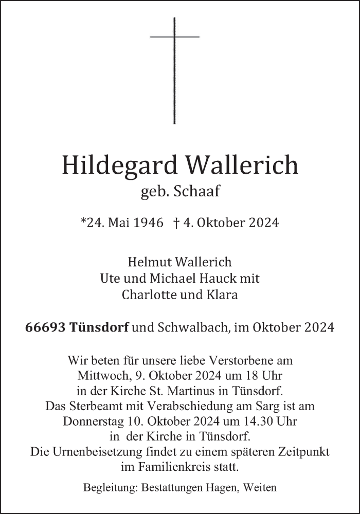  Traueranzeige für Hildegard Wallerich vom 08.10.2024 aus saarbruecker_zeitung