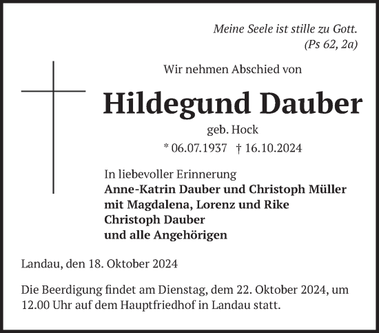 Traueranzeige von Hildegund Dauber von saarbruecker_zeitung