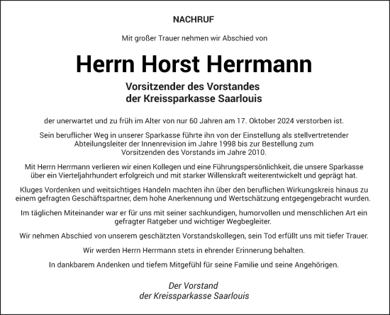 Traueranzeige von Horst Herrmann von saarbruecker_zeitung