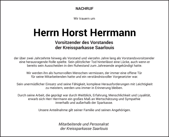 Traueranzeige von Horst Herrmann von saarbruecker_zeitung