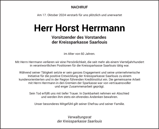 Traueranzeige von Horst Herrmann von saarbruecker_zeitung