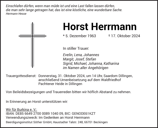 Traueranzeige von Horst Herrmann von saarbruecker_zeitung