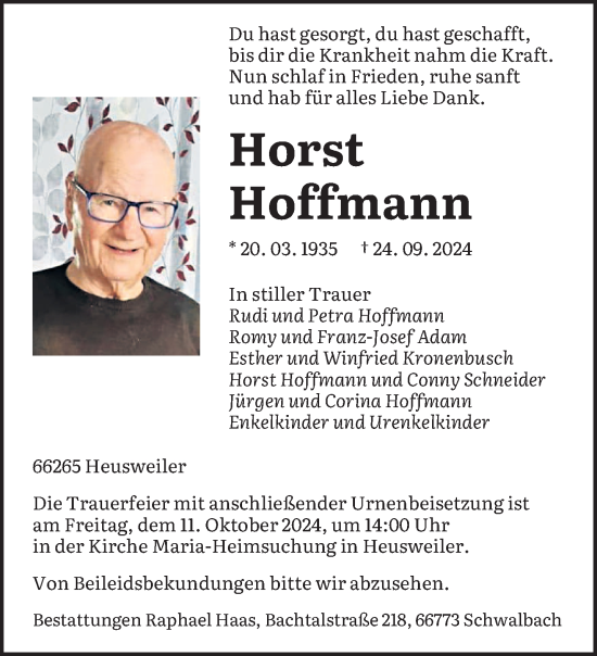 Traueranzeige von Horst Hoffmann von saarbruecker_zeitung