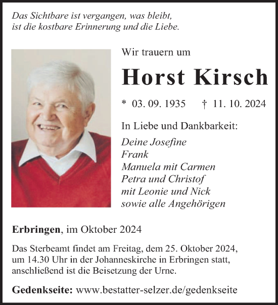 Traueranzeige von Horst Kirsch von saarbruecker_zeitung