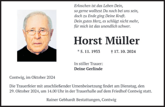 Traueranzeige von Horst Müller von saarbruecker_zeitung