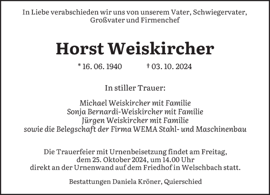 Traueranzeige von Horst Weiskircher von saarbruecker_zeitung