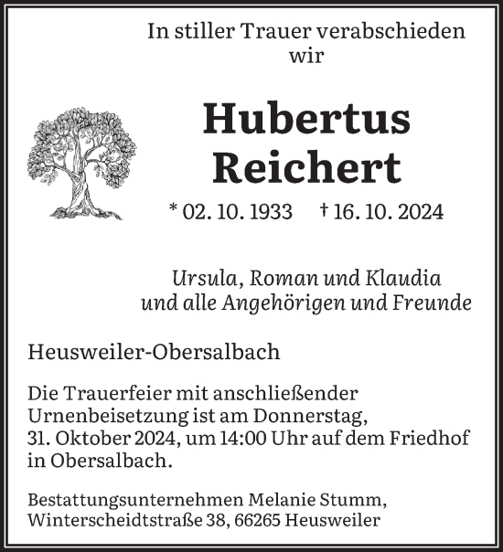 Traueranzeige von Hubertus Reichert von saarbruecker_zeitung