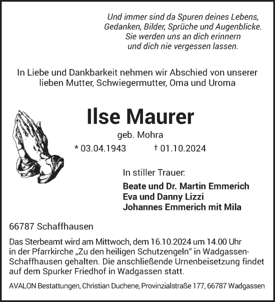 Traueranzeige von Ilse Maurer von saarbruecker_zeitung