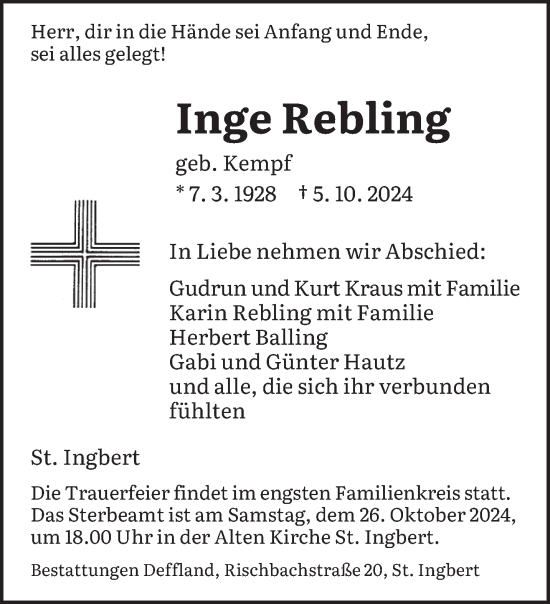 Traueranzeige von Inge Rebling von saarbruecker_zeitung