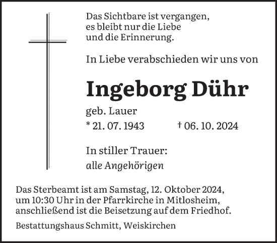 Traueranzeige von Ingeborg Dühr von saarbruecker_zeitung