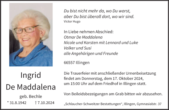 Traueranzeige von Ingrid De Maddalena von saarbruecker_zeitung