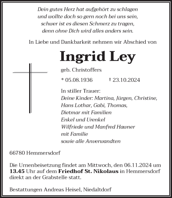 Traueranzeige von Ingrid Ley von saarbruecker_zeitung