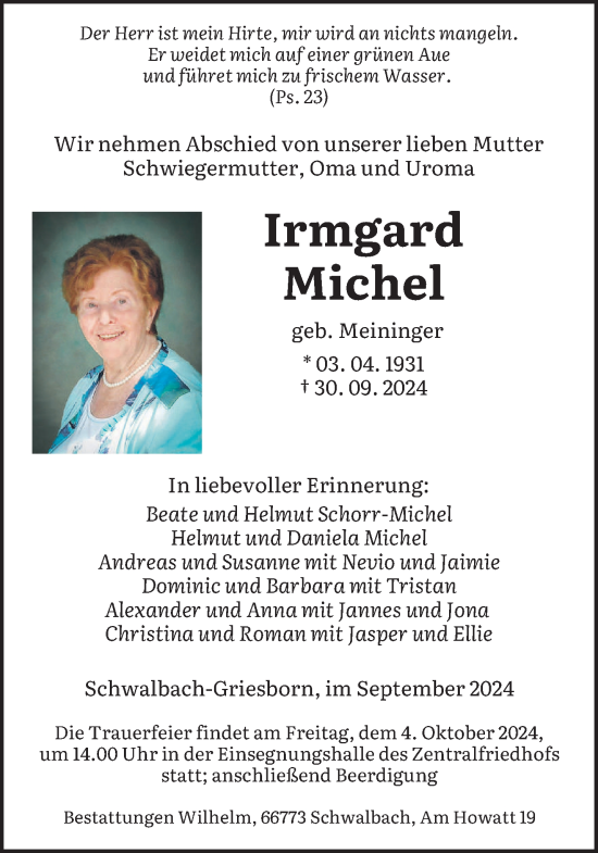 Traueranzeige von Irmgard Michel von saarbruecker_zeitung