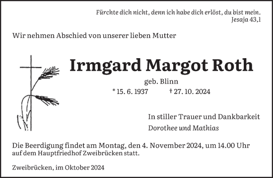 Traueranzeige von Irmgard Margot Roth von saarbruecker_zeitung