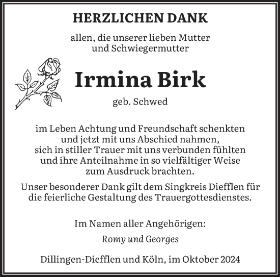 Traueranzeige von Irmina Birk von saarbruecker_zeitung
