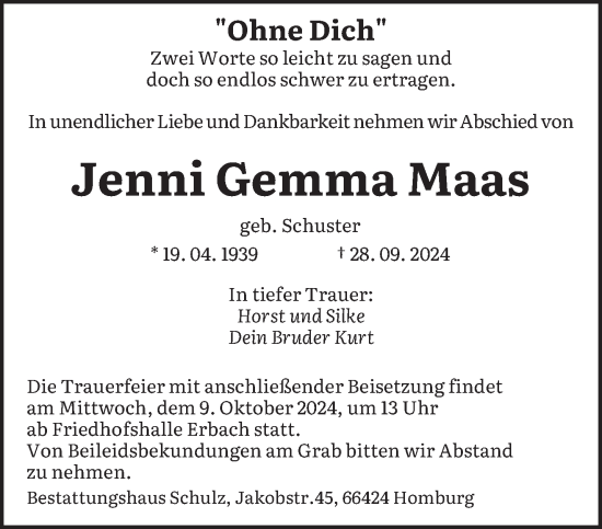 Traueranzeige von Jenni Gemma Maas von saarbruecker_zeitung