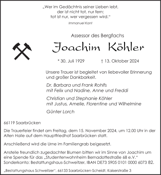 Traueranzeige von Joachim Köhler von saarbruecker_zeitung