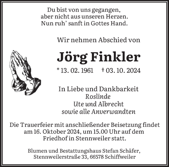 Traueranzeige von Jörg Finkler von saarbruecker_zeitung