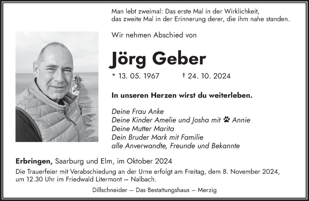  Traueranzeige für Jörg Geber vom 31.10.2024 aus saarbruecker_zeitung