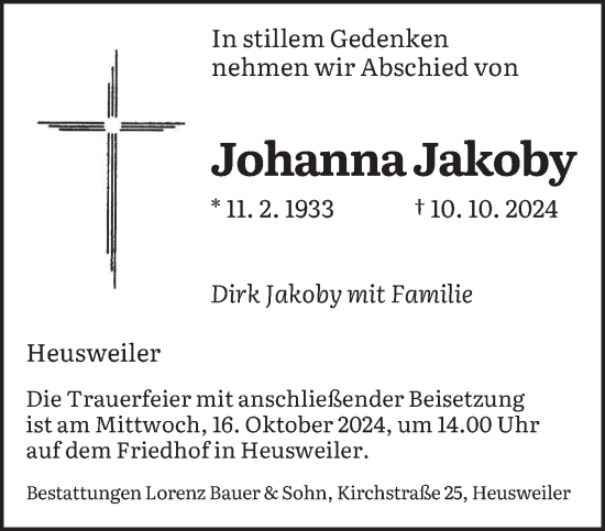 Traueranzeige von Johanna Jakoby von saarbruecker_zeitung